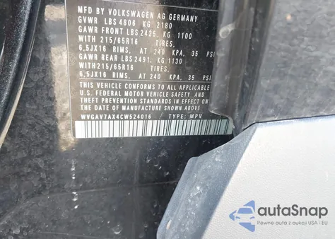 2012 Volkswagen Tiguan S z USA, uszkodzony, nr VIN WVGAV7AX4CW524016